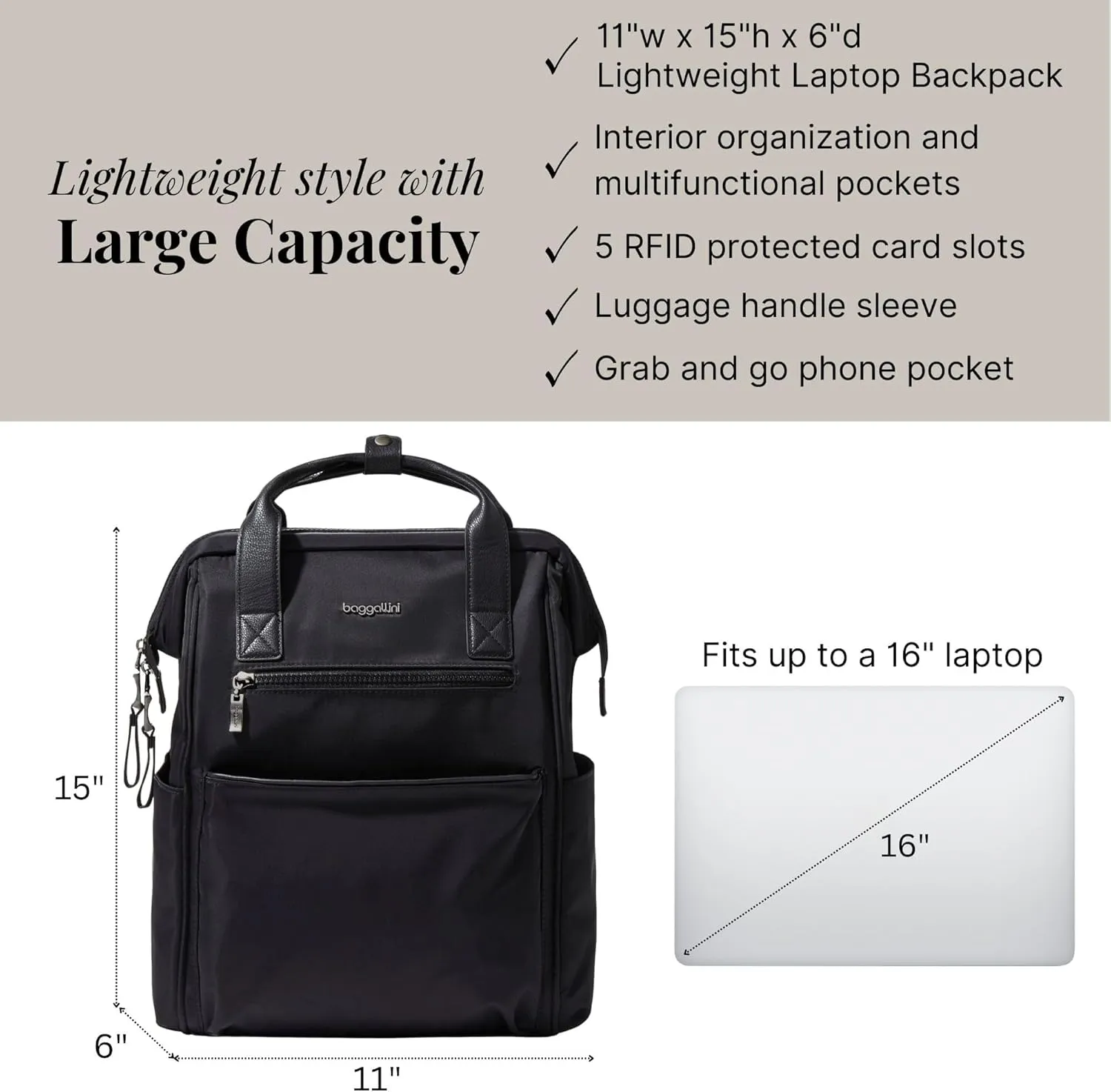 Baggallini Soho Backpack - Travel Laptop Backpack for Women - Lightweight Water-Resistant Luggage Bag, Black