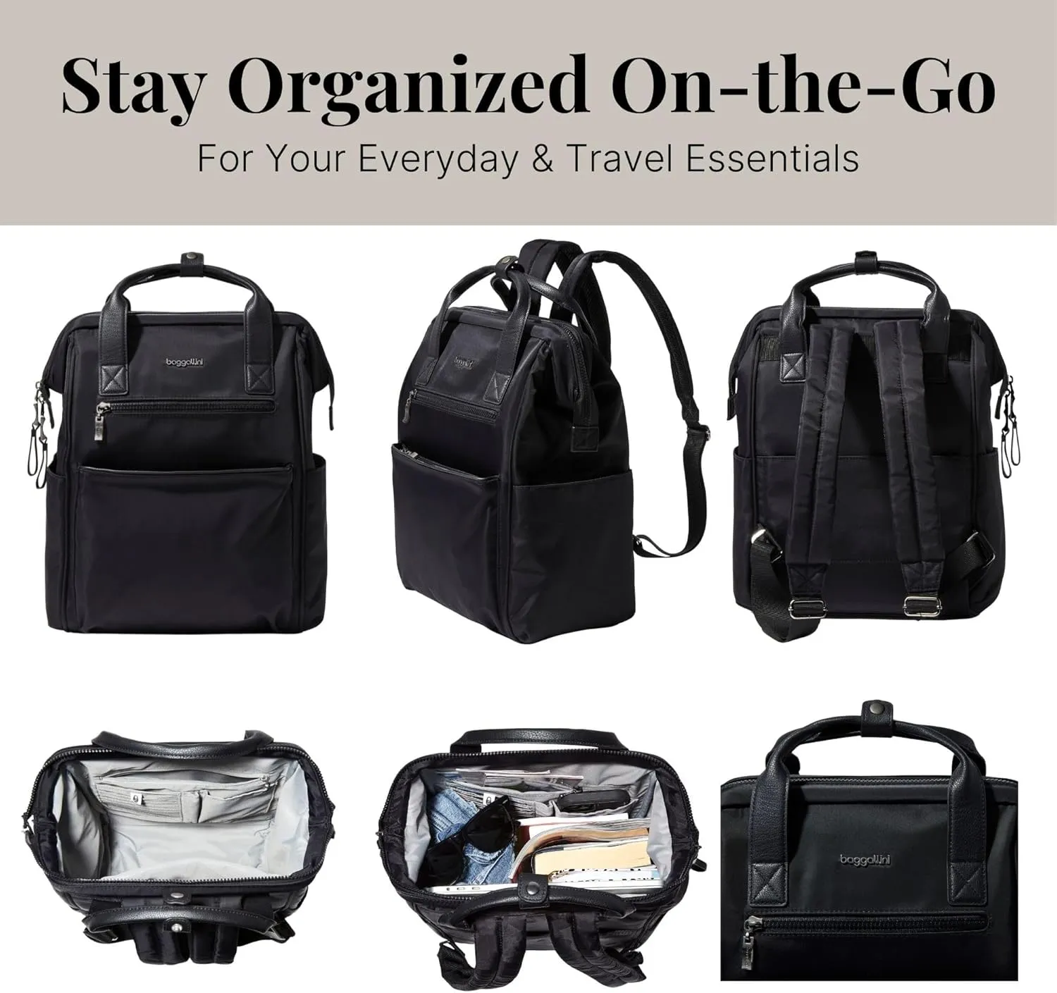 Baggallini Soho Backpack - Travel Laptop Backpack for Women - Lightweight Water-Resistant Luggage Bag, Black