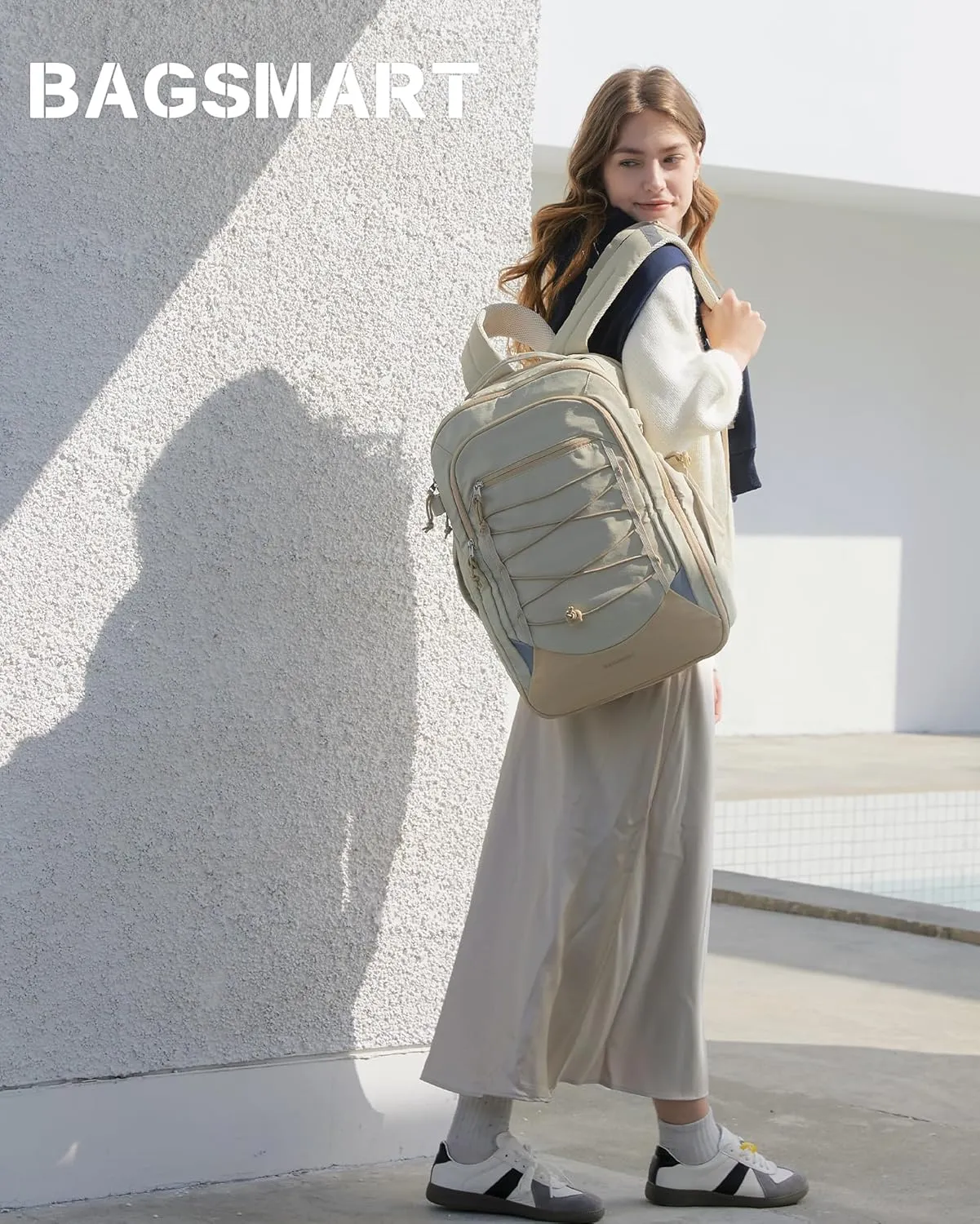 BAGSMART Carry On Travel Backpack, 17 Inch Large Travel backpack Carry On Flight Approved, Anti-theft Personal Item Backpack Travel Bag With Shoe Bag, 30L Water Resistant Casual Daypack, Beige