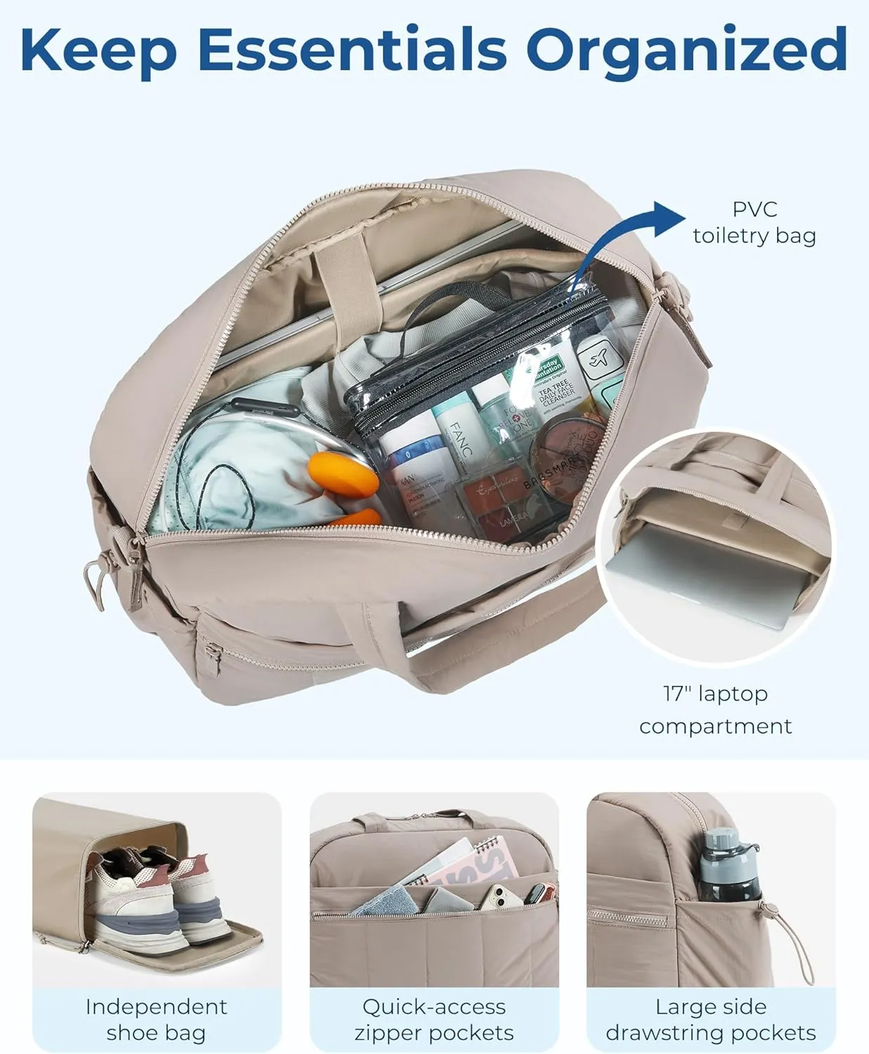 BAGSMART Gym Bag for Women, Duffle Bag for Travel with Wet Pocket, Lightweight Carry on Weekender Duffel, Water Resistant