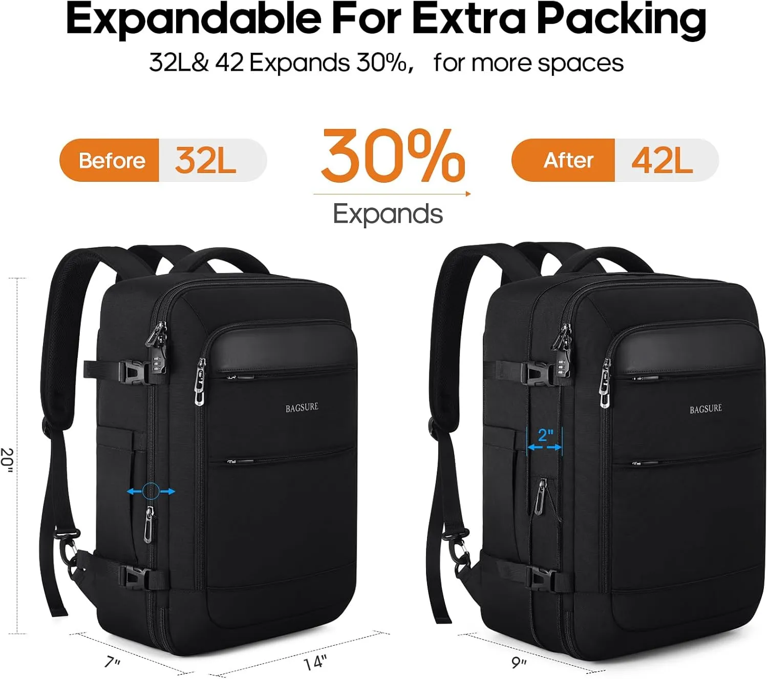 Bagsure Travel Backpack, 42L Carry on Luggage, Flight Approved Expandable Backpack, Laptop Backpack