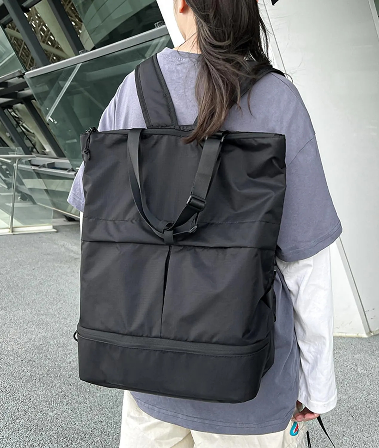 Barsine Convertible Tote Backpack with Shoe Compartment, 28L Large Foldable Backpack for Travel Lightweight, Dark Black