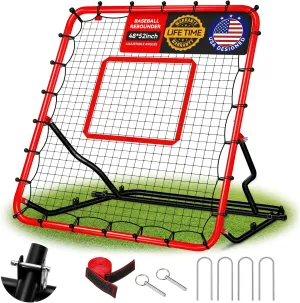 Baseball Rebound Net 48" x 52" Bounce Back Net with 3 Adjustable Angles, Anti-UV Easy Storage Baseball Fielding Trainer with 4 Stakes, Volleyball Softball Pitch Back Rebounder for Indoor Outdoor