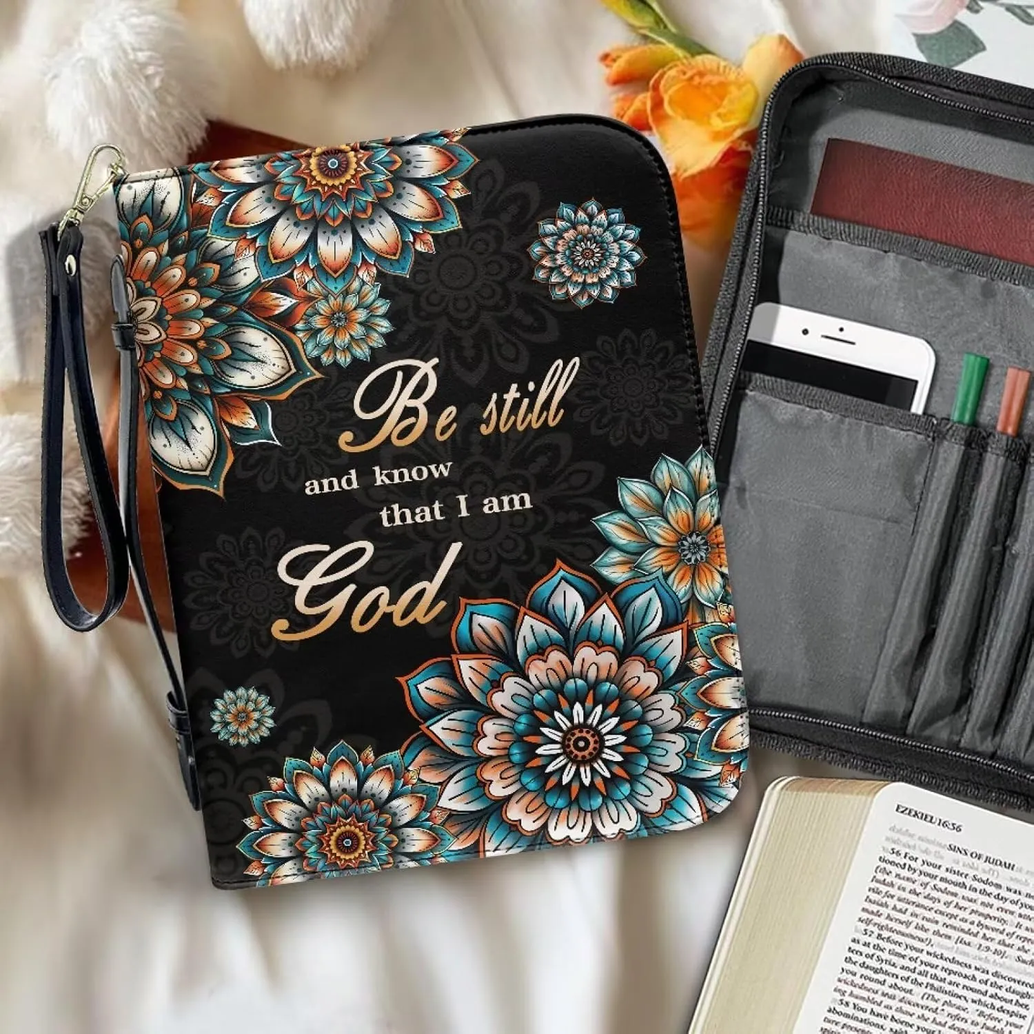 Bible Cover for Women Leather Bible Case with Black Ribbon Personalized Bible Study Supply Carrying Bag Tote