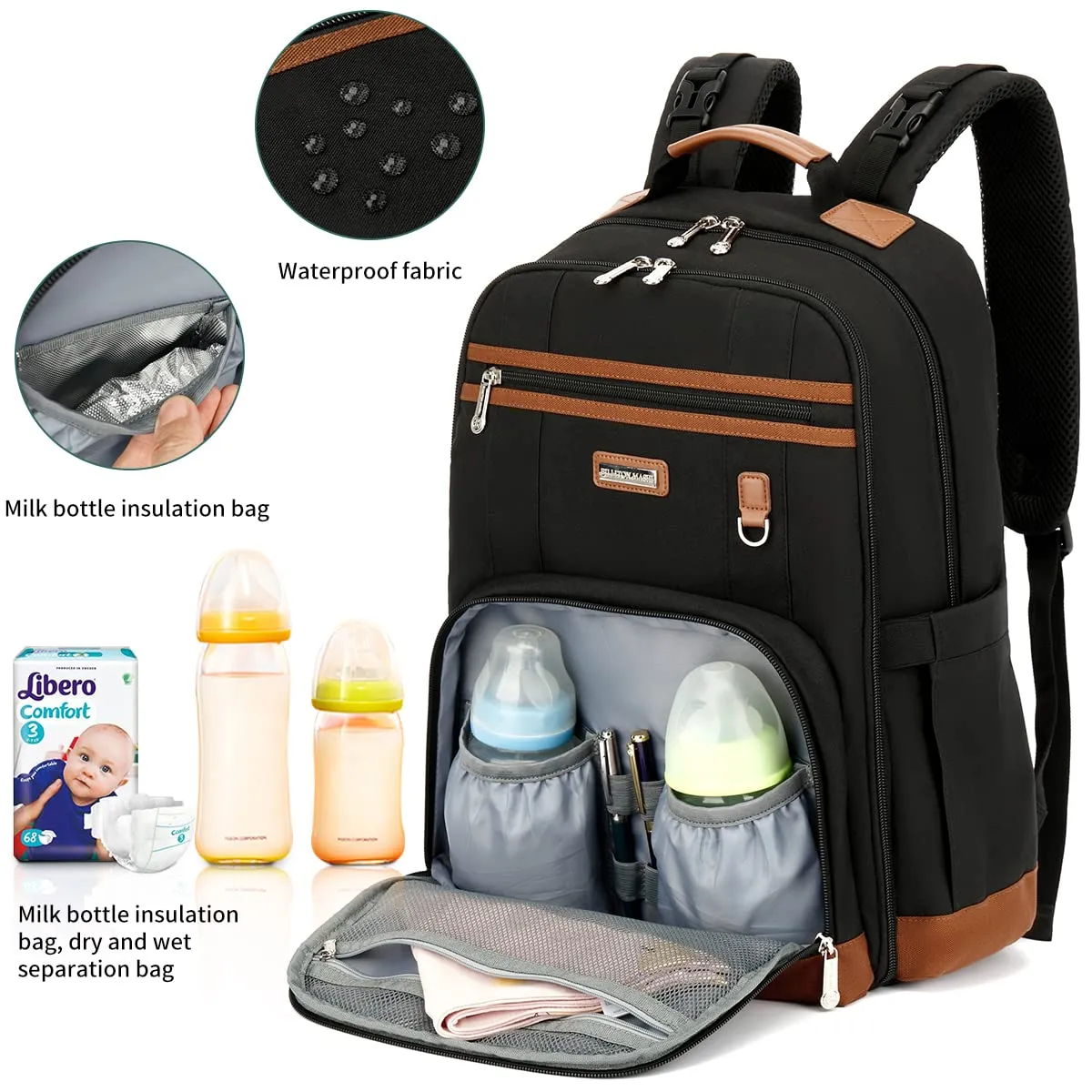 BILLITON MSHI Diaper Bag Backpack for Women Large Capacity Waterproof -Multifunctional with Insulated Pockets for Baby Girl Boy, Unisex Maternity Travel Bag-Flowers Beige