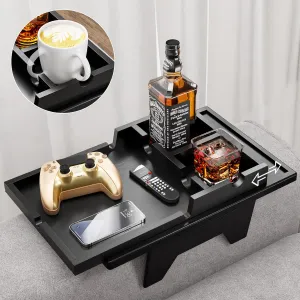 Black Couch Cup Holder Tray - 2 in 1 Couch Armrest Table with Be Slide-Away Detachable Double Cup Holder - Foldable Sofa Armchair Caddy for Cup Drinking Snacks iPad TV Remote
