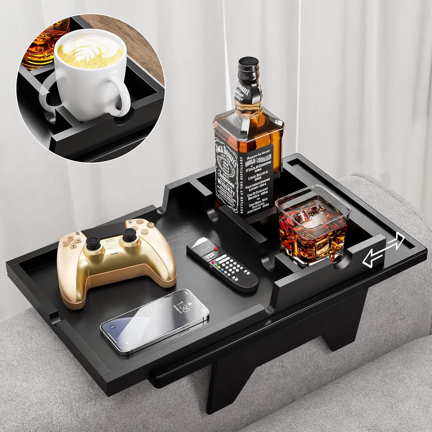 Black Couch Cup Holder Tray - 2 in 1 Couch Armrest Table with Be Slide-Away Detachable Double Cup Holder - Foldable Sofa Armchair Caddy for Cup Drinking Snacks iPad TV Remote