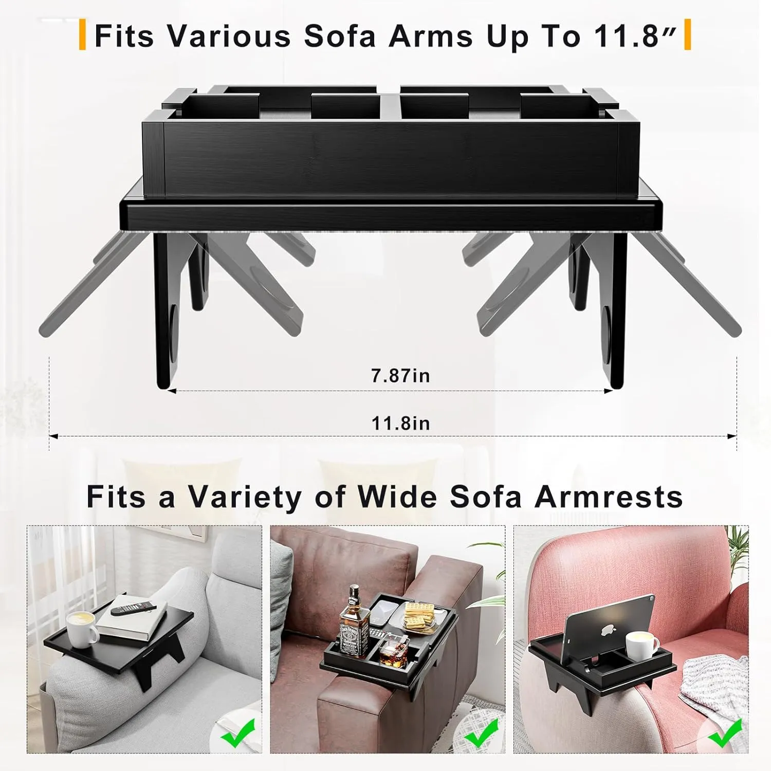 Black Couch Cup Holder Tray - 2 in 1 Couch Armrest Table with Be Slide-Away Detachable Double Cup Holder - Foldable Sofa Armchair Caddy for Cup Drinking Snacks iPad TV Remote