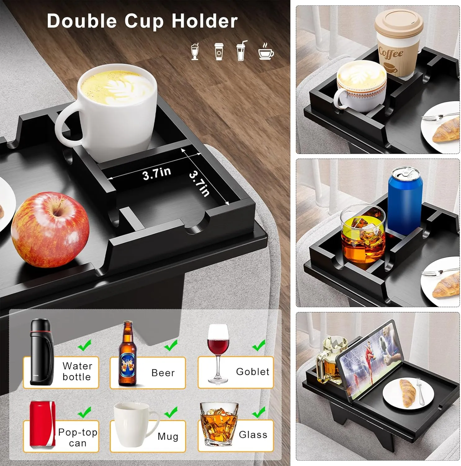 Black Couch Cup Holder Tray - 2 in 1 Couch Armrest Table with Be Slide-Away Detachable Double Cup Holder - Foldable Sofa Armchair Caddy for Cup Drinking Snacks iPad TV Remote
