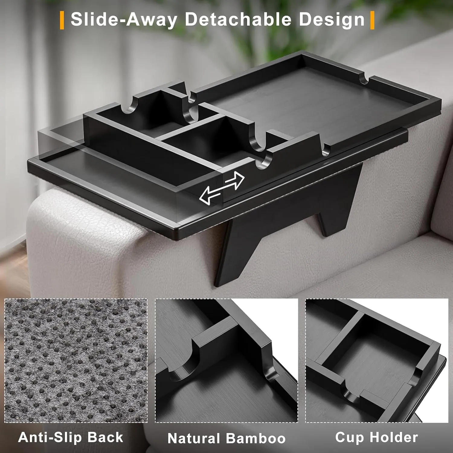 Black Couch Cup Holder Tray - 2 in 1 Couch Armrest Table with Be Slide-Away Detachable Double Cup Holder - Foldable Sofa Armchair Caddy for Cup Drinking Snacks iPad TV Remote