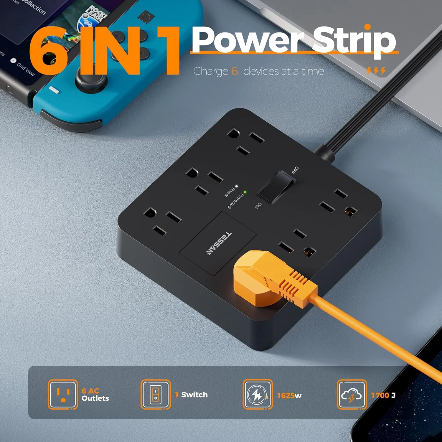 Black Surge Protector Power Strip, TESSAN Flat Plug Extension Cord 5 FT with Multiple Outlets, 1700J Surge Protection with 6 AC, Charging Station for Home Office Supplies Dorm Room Essentials
