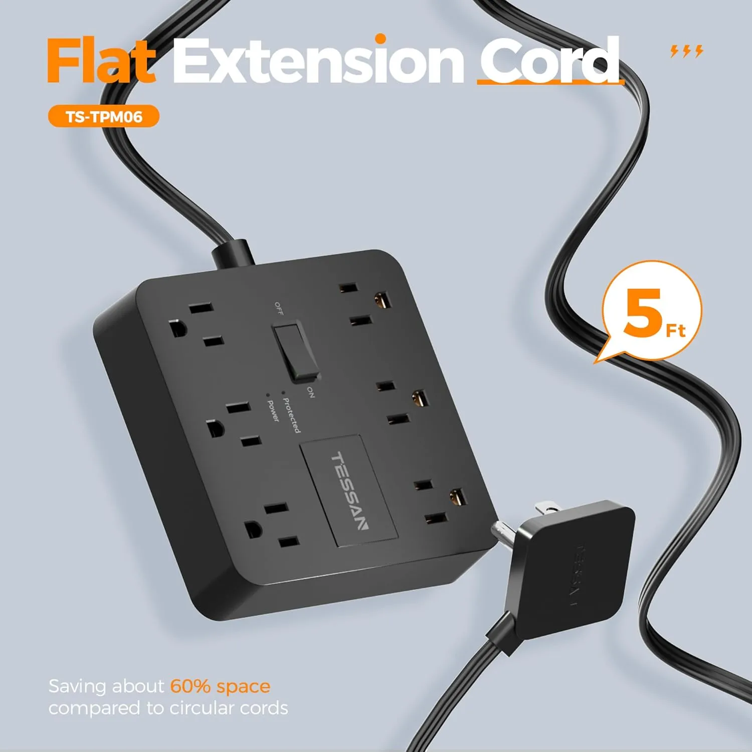 Black Surge Protector Power Strip, TESSAN Flat Plug Extension Cord 5 FT with Multiple Outlets, 1700J Surge Protection with 6 AC, Charging Station for Home Office Supplies Dorm Room Essentials
