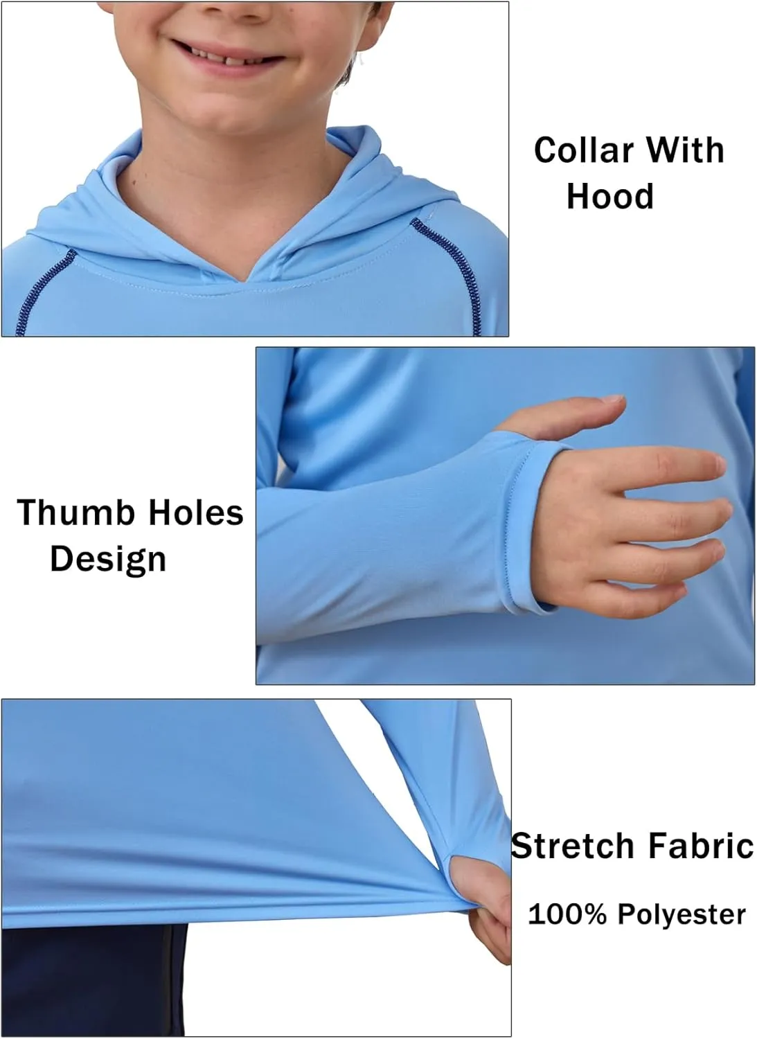 Boys Girls Hooded Sun Shirts UPF50  Long Sleeve Hoodies Quick Dry Rash Guard Swim Shirts Fishing Hiking Thumb Holes