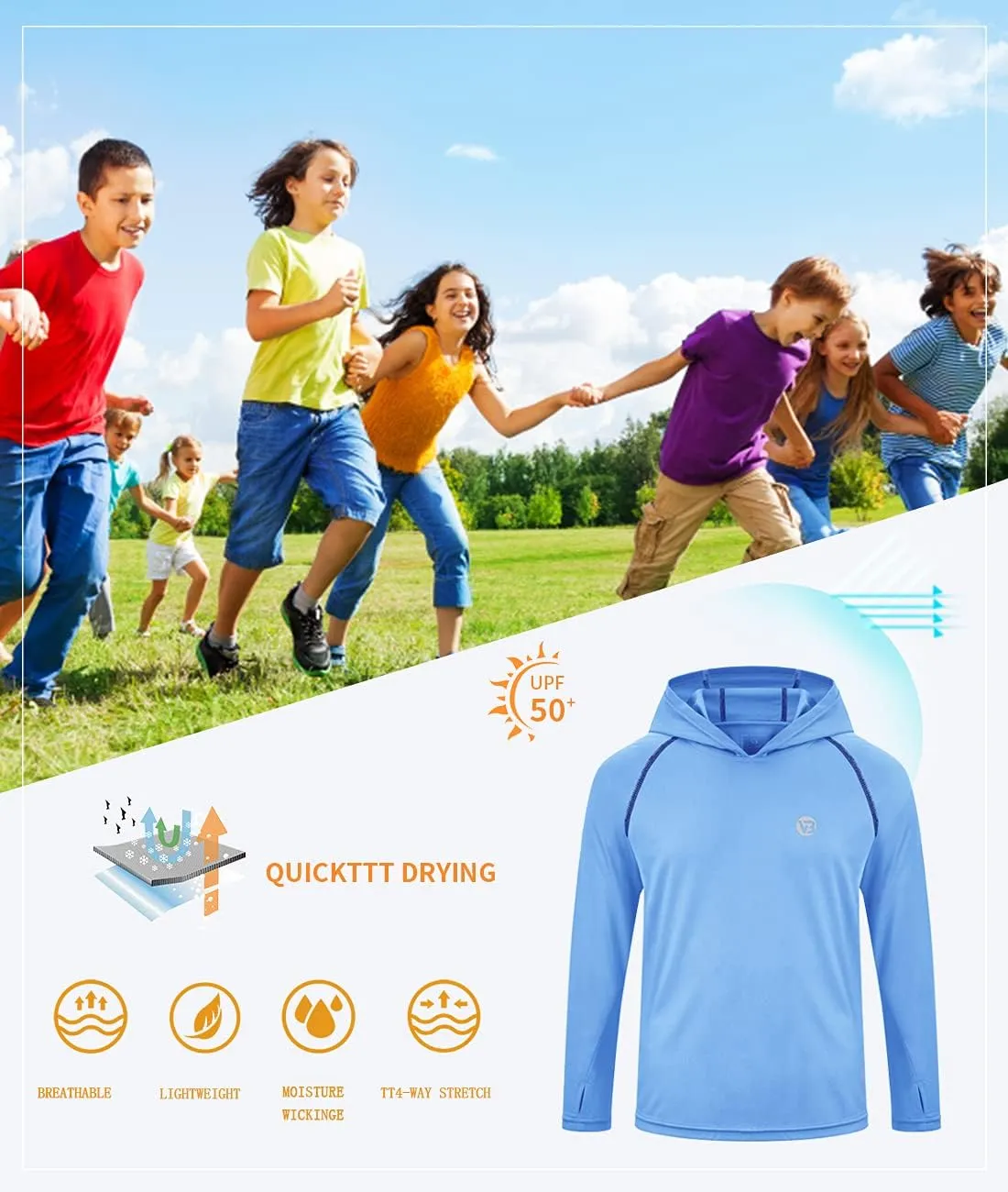 Boys Girls Hooded Sun Shirts UPF50  Long Sleeve Hoodies Quick Dry Rash Guard Swim Shirts Fishing Hiking Thumb Holes