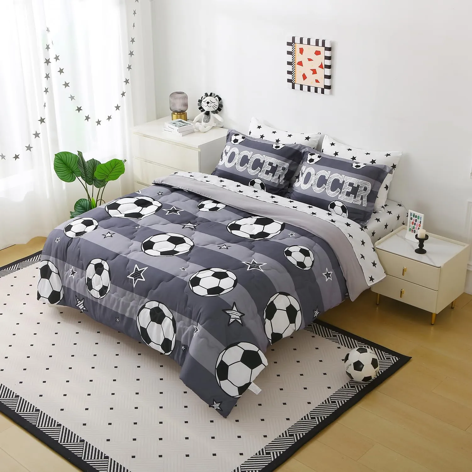 Boys Sports 7 Piece Soccer Comforter Set Full Size 3D Football Playground Bedding Set for Kids Bed Set Gray(Comforter,Flat Sheet,Fitted Sheet and Pillow Sham)