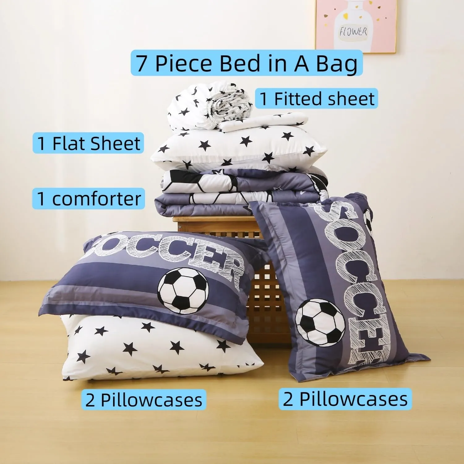 Boys Sports 7 Piece Soccer Comforter Set Full Size 3D Football Playground Bedding Set for Kids Bed Set Gray(Comforter,Flat Sheet,Fitted Sheet and Pillow Sham)