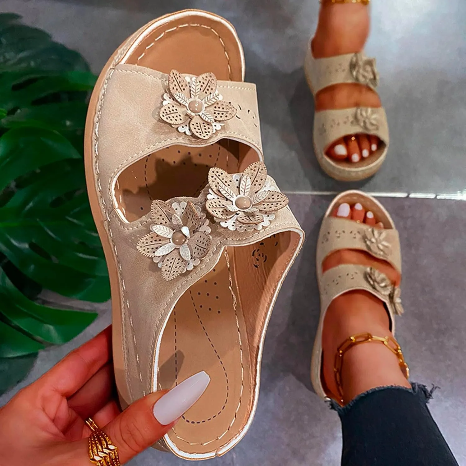 Breathable Mesh Orthopedic Wedge Sandals for Women Summer Flat Open Toe Sandals Boho Slip on Beach Dress Shoes