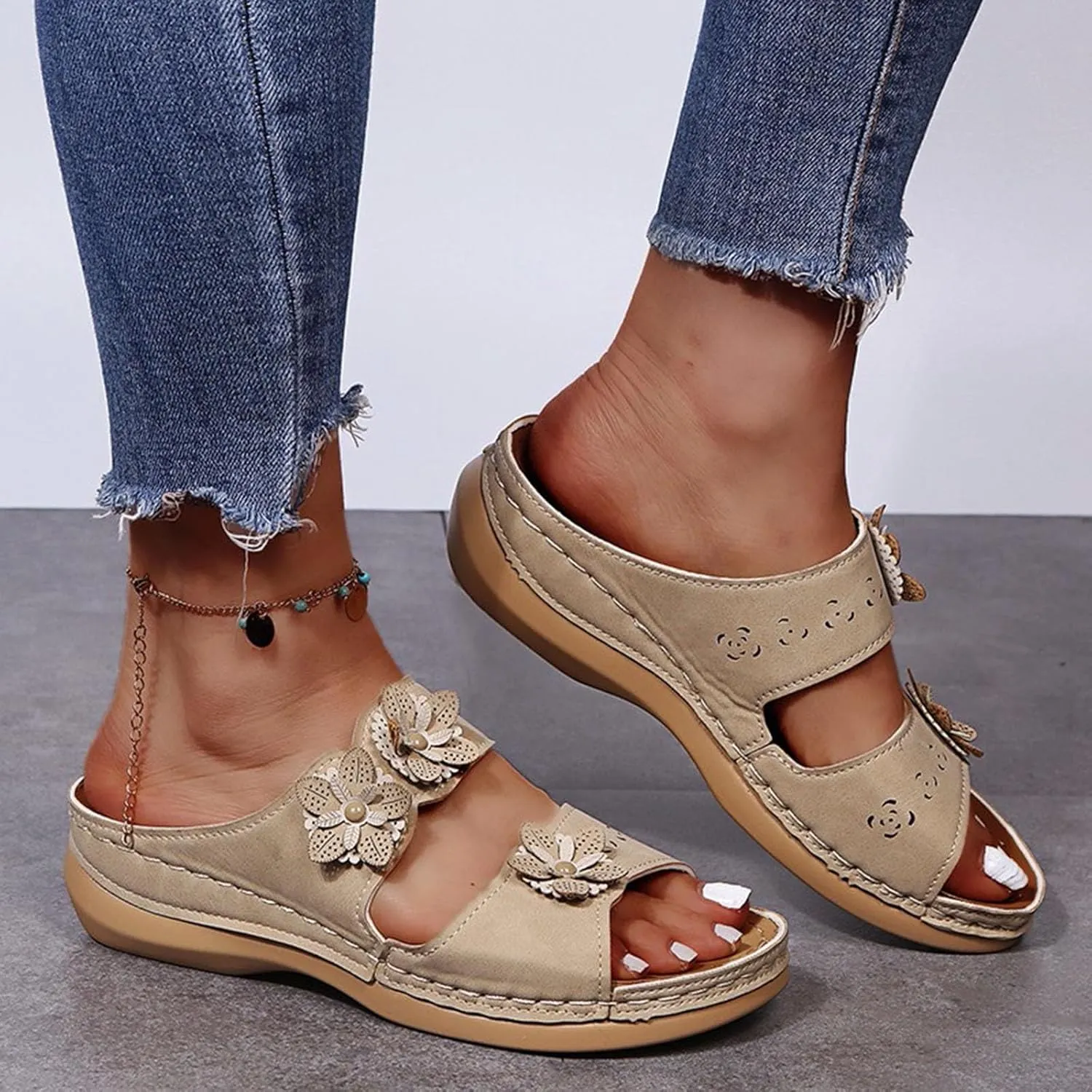 Breathable Mesh Orthopedic Wedge Sandals for Women Summer Flat Open Toe Sandals Boho Slip on Beach Dress Shoes