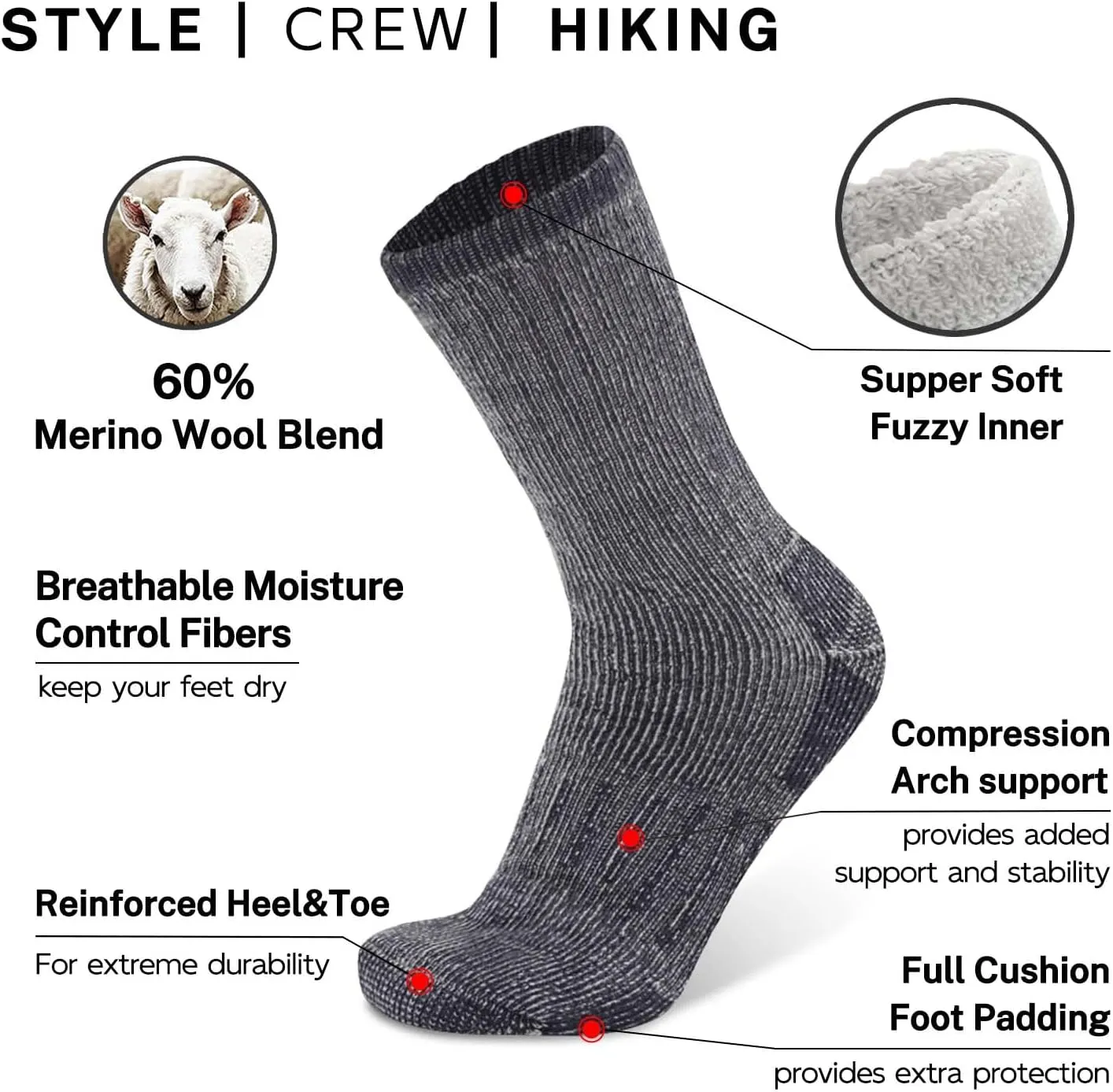 Busy Socks 3 Pack Crew Merino Wool Hiking Socks for Men Women Winter Thick Warm Thermal Cushioned Moisture Wicking Boot Sock