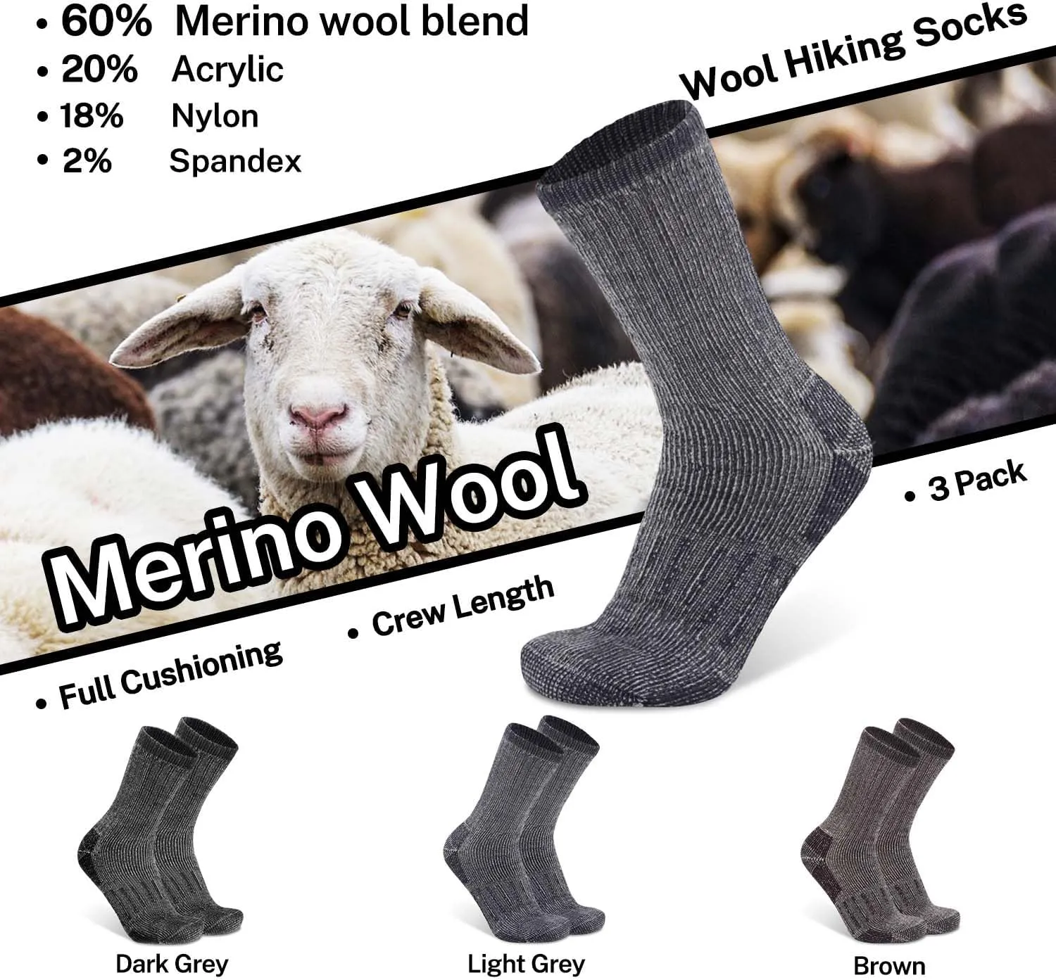 Busy Socks 3 Pack Crew Merino Wool Hiking Socks for Men Women Winter Thick Warm Thermal Cushioned Moisture Wicking Boot Sock
