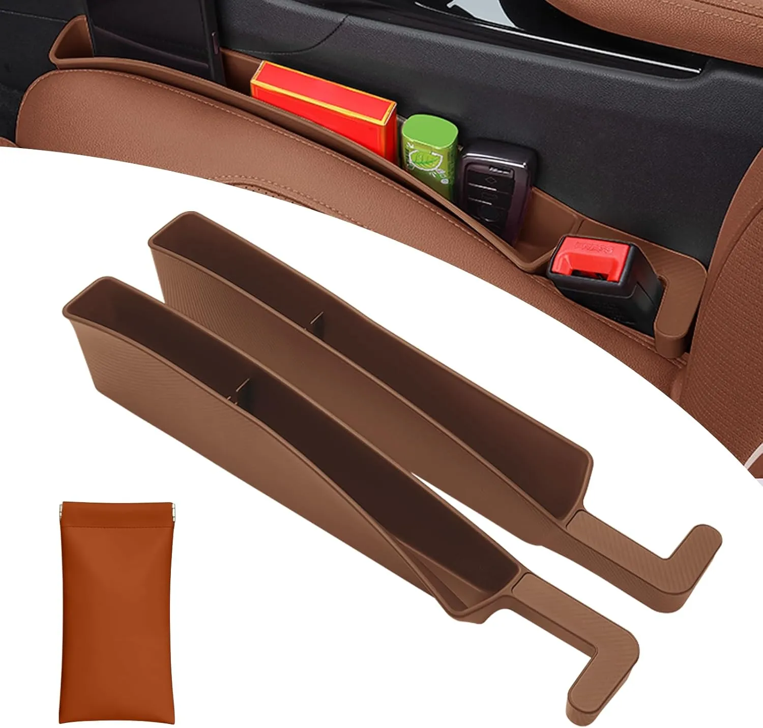 Car Seat Gap Filler Organizer 2 Pack with Storage Pouch, Seat Gap Filler Organizer for Automotive, Car Organizer Suitable for SUV and Sedan, Storage for Coins & Glasses & Keys.(Brown)