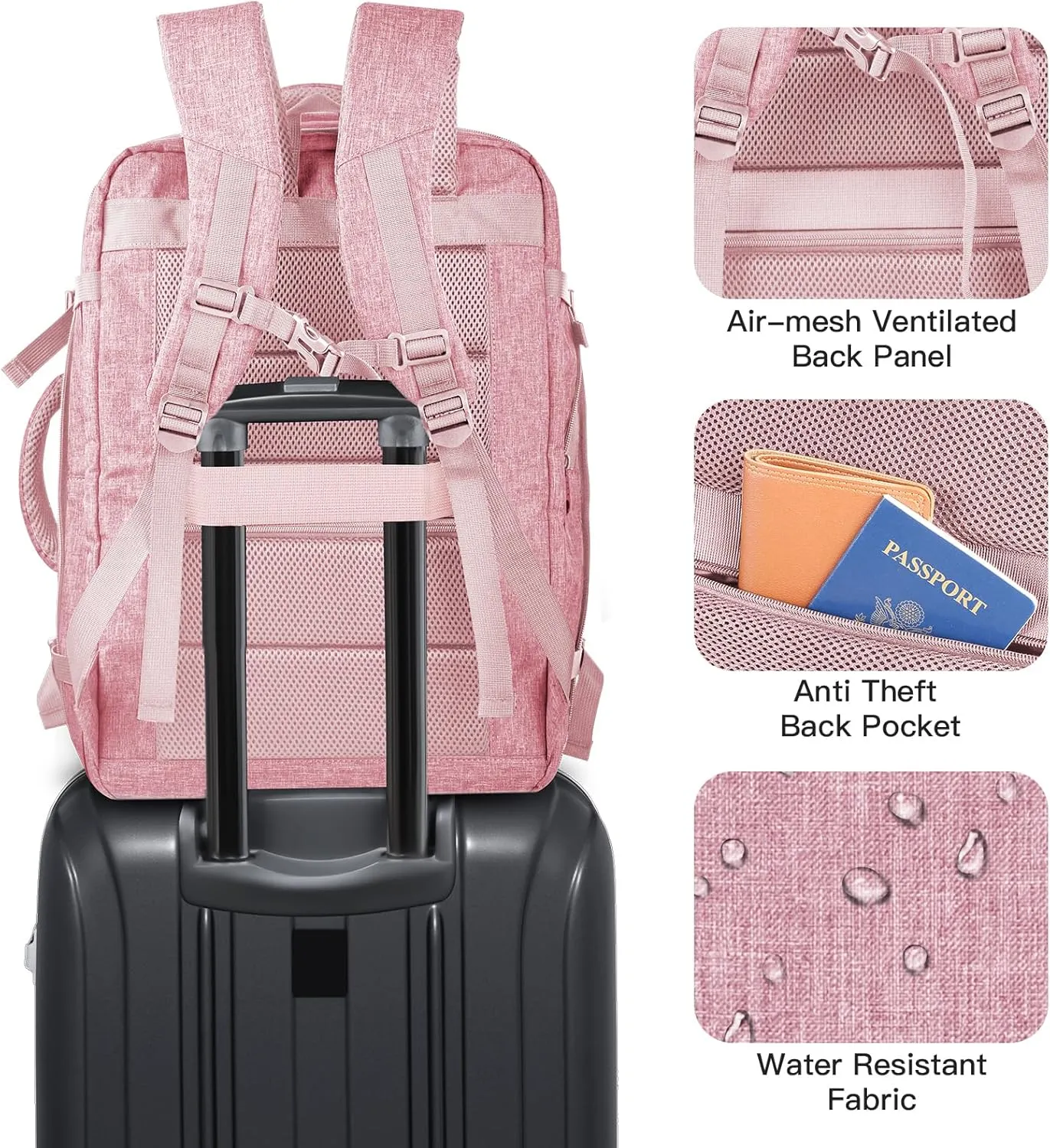 Carry On Backpack for Women, 50L Travel Backpack Flight Approved, Expandable Backpack For Airplanes, 17 Inch Laptop Backpack, Luggage Suitcase Daypack Lightweight Business Weekender Bag, Pink