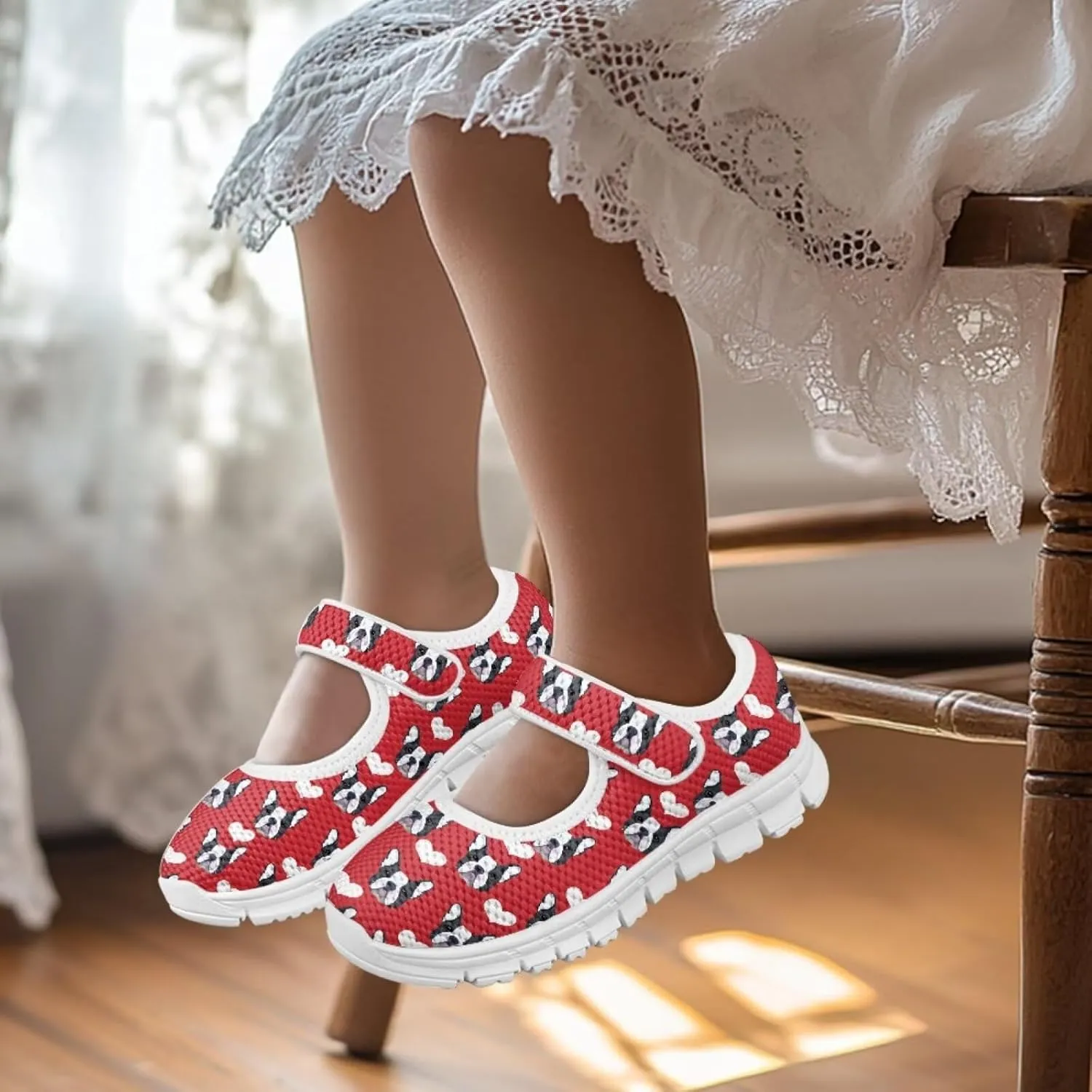chaqlin Dog Girls Dress Shoes Mary Jane Running Athletic Shoes Lightweight Barefoot Flat Breathable Mesh for Outdoor Indoor