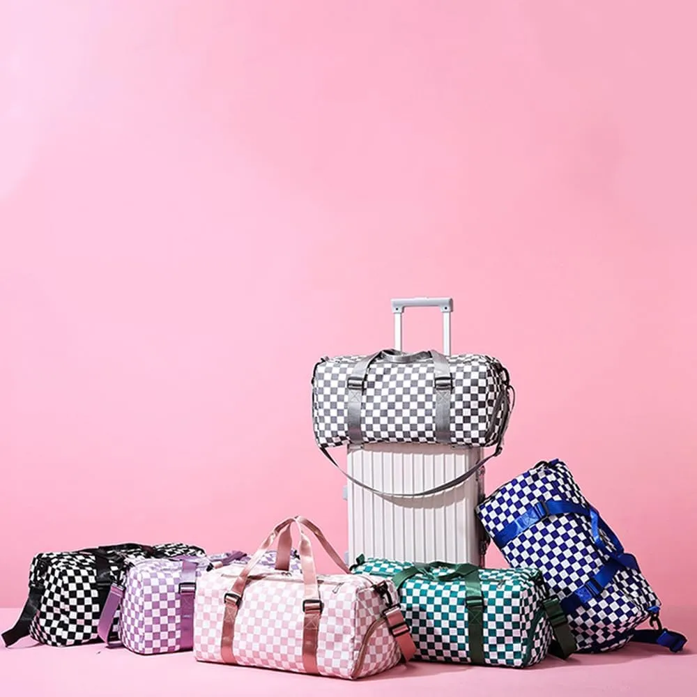 Checkered Gym Bag with Shoes Compartment & Wet Pocket, Sports Duffel Bags for Women/Men, Dance Bag for Girls, Travel Overnight Bag Weekend Bag (pink)