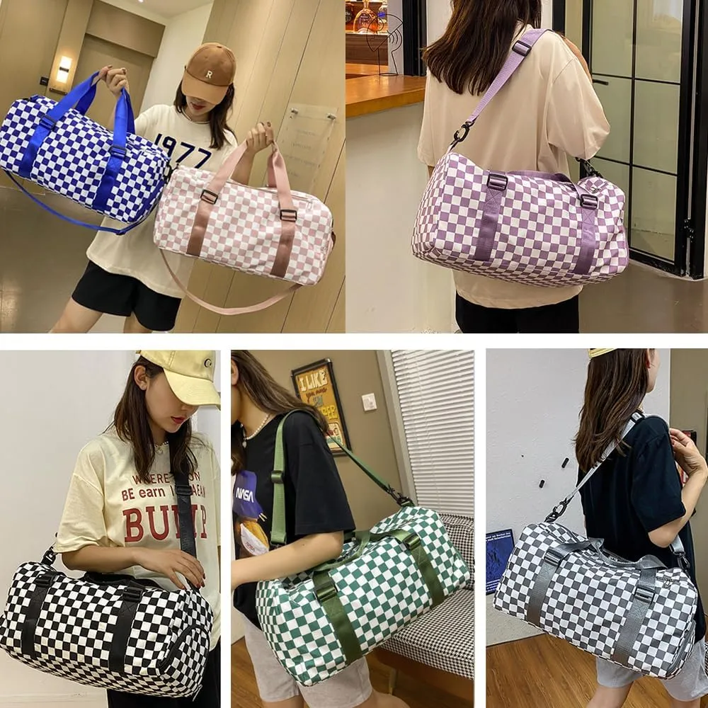 Checkered Gym Bag with Shoes Compartment & Wet Pocket, Sports Duffel Bags for Women/Men, Dance Bag for Girls, Travel Overnight Bag Weekend Bag (pink)