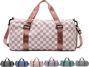 Checkered Gym Bag with Shoes Compartment & Wet Pocket, Sports Duffel Bags for Women/Men, Dance Bag for Girls, Travel Overnight Bag Weekend Bag (pink)