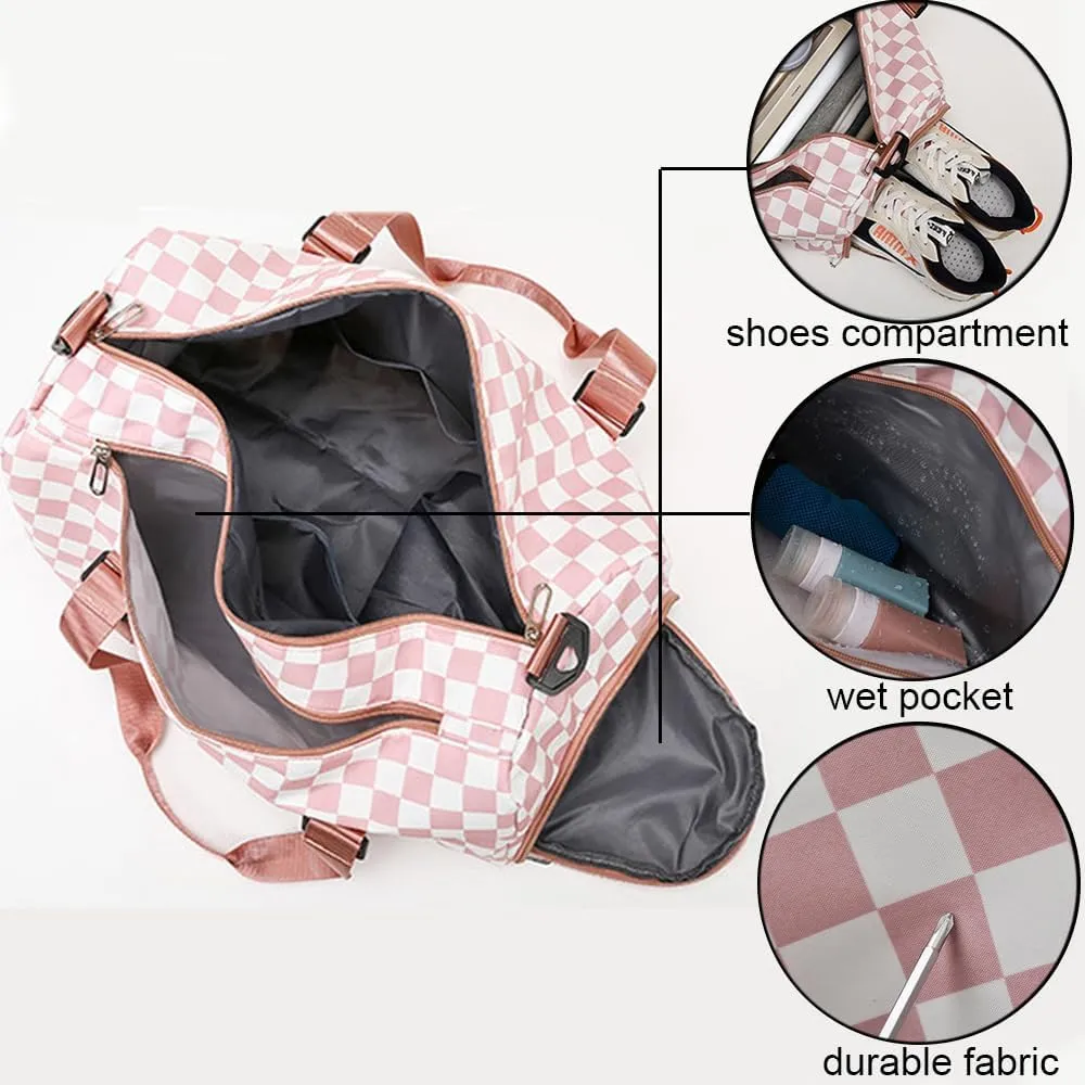 Checkered Gym Bag with Shoes Compartment & Wet Pocket, Sports Duffel Bags for Women/Men, Dance Bag for Girls, Travel Overnight Bag Weekend Bag (pink)