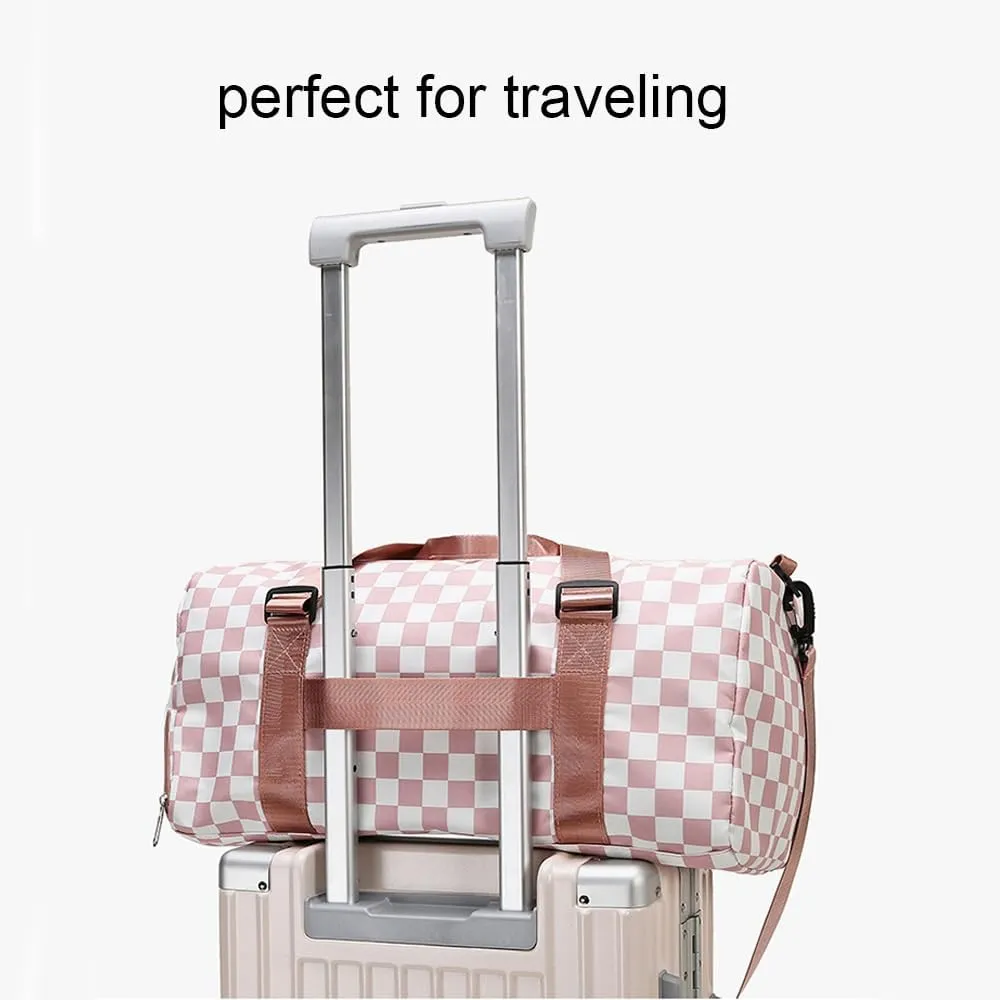 Checkered Gym Bag with Shoes Compartment & Wet Pocket, Sports Duffel Bags for Women/Men, Dance Bag for Girls, Travel Overnight Bag Weekend Bag (pink)