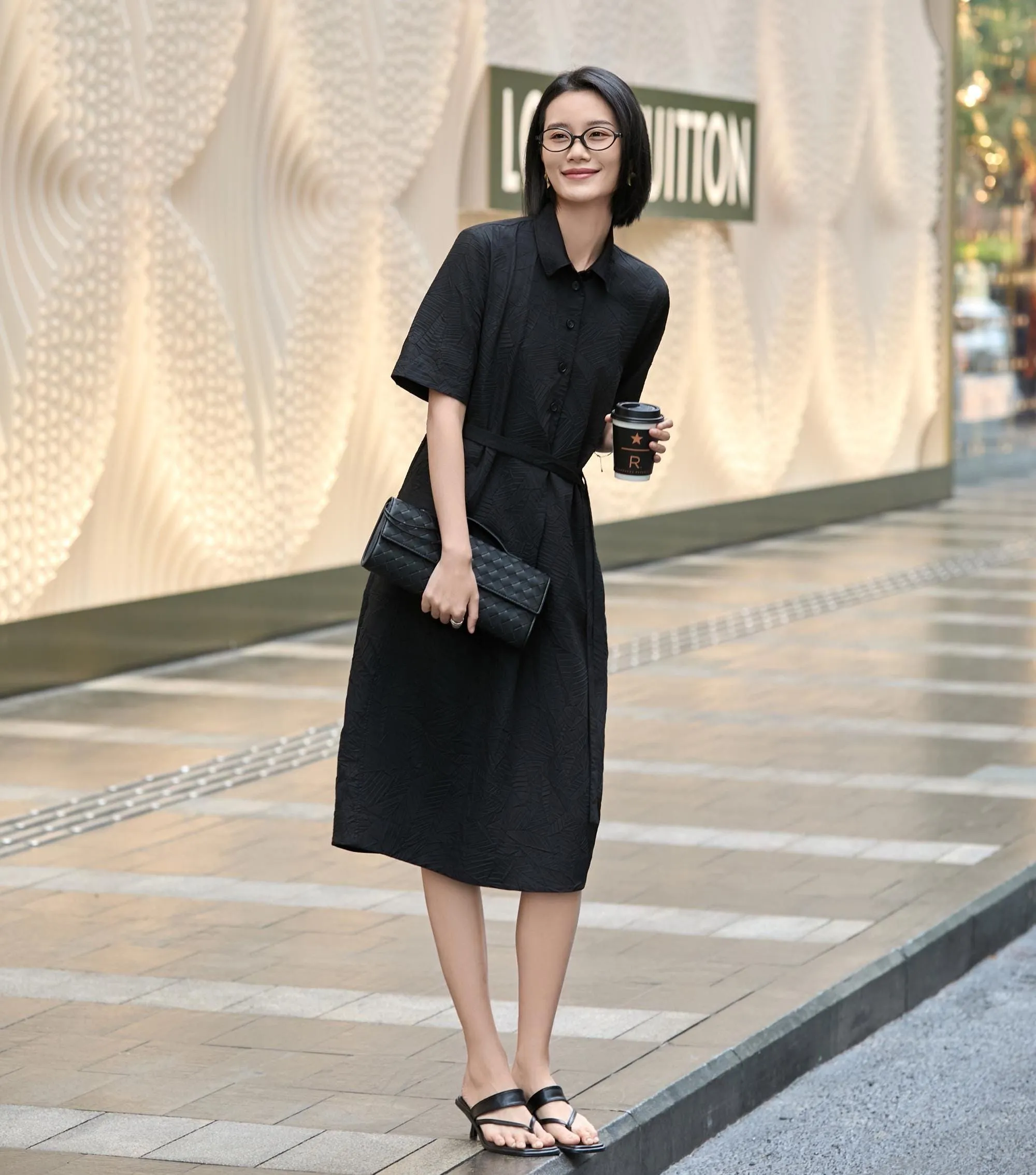 Chic Black Irregular Stripe Dress | Crinkle-Texture Design | Women's Poly-Cotton Blend Casual Wear