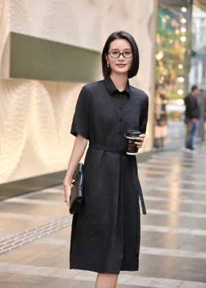 Chic Black Irregular Stripe Dress | Crinkle-Texture Design | Women's Poly-Cotton Blend Casual Wear