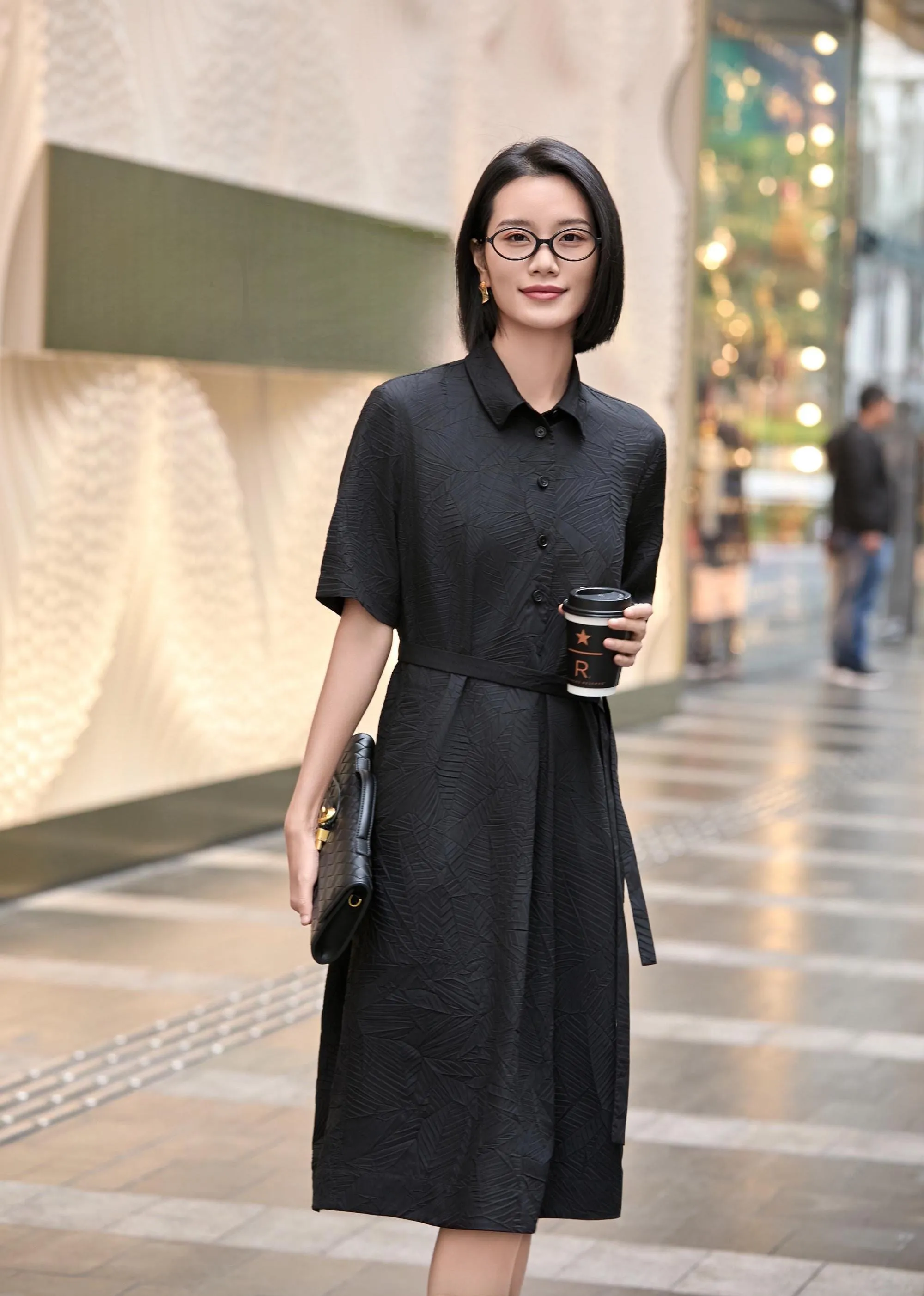 Chic Black Irregular Stripe Dress | Crinkle-Texture Design | Women's Poly-Cotton Blend Casual Wear
