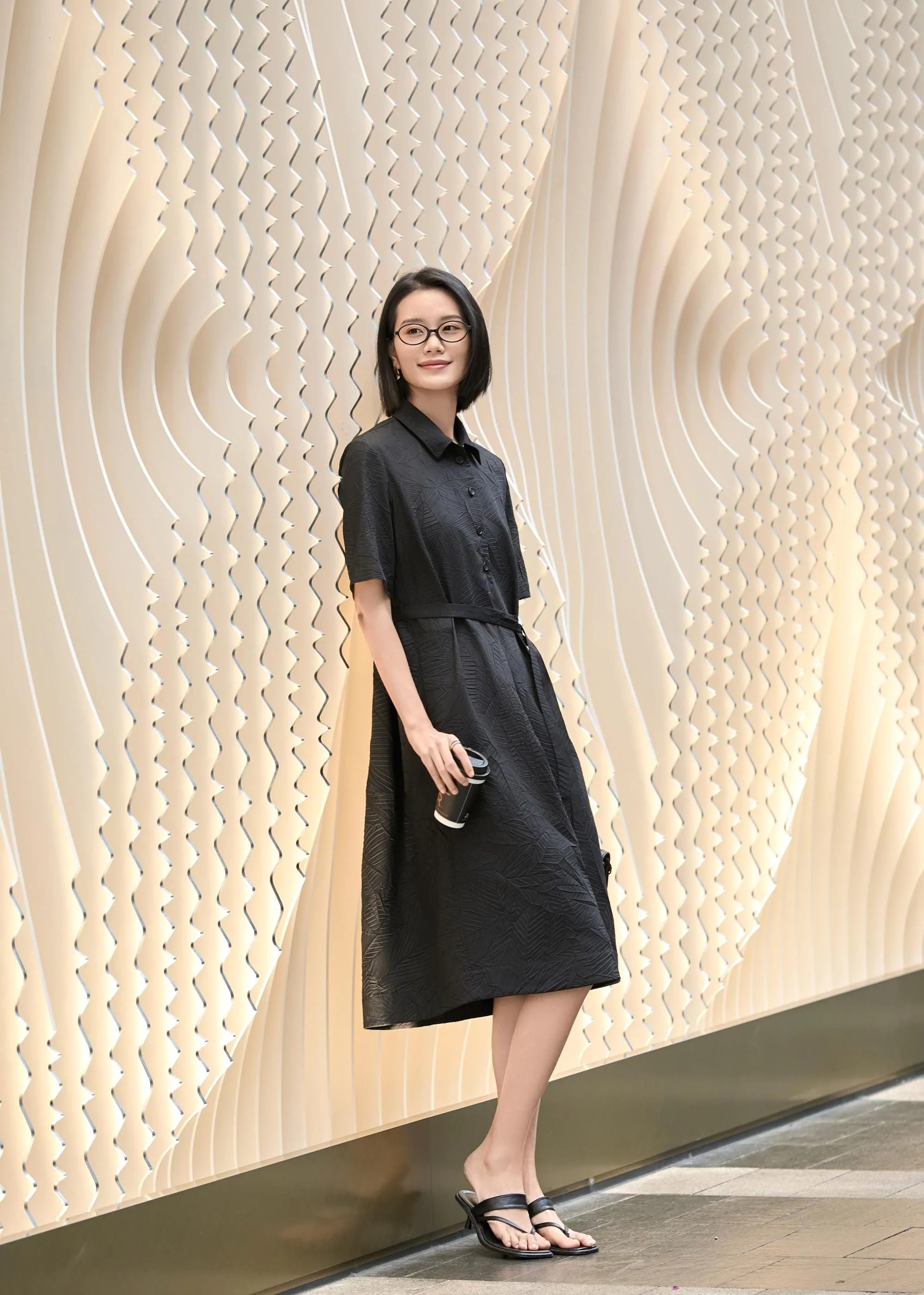 Chic Black Irregular Stripe Dress | Crinkle-Texture Design | Women's Poly-Cotton Blend Casual Wear