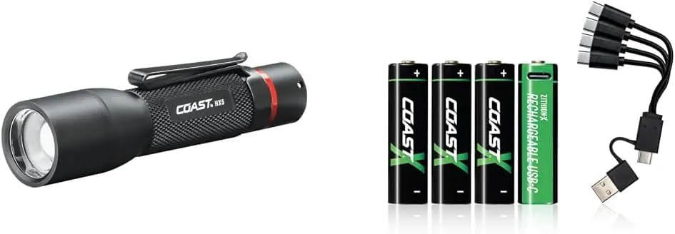 COAST HX5 410 Lumen LED Flashlight & COAST AA Zithion-X 4-pk Rechargeable Batteries, Combo Pack