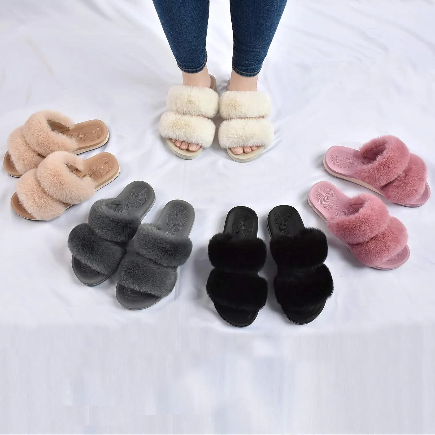 COFACE Fluff Womens Slippers Faux Fur Slip On Orthotic Slippers with Arch Support for Plantar Fasciitis Relief