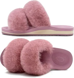COFACE Fluff Womens Slippers Faux Fur Slip On Orthotic Slippers with Arch Support for Plantar Fasciitis Relief