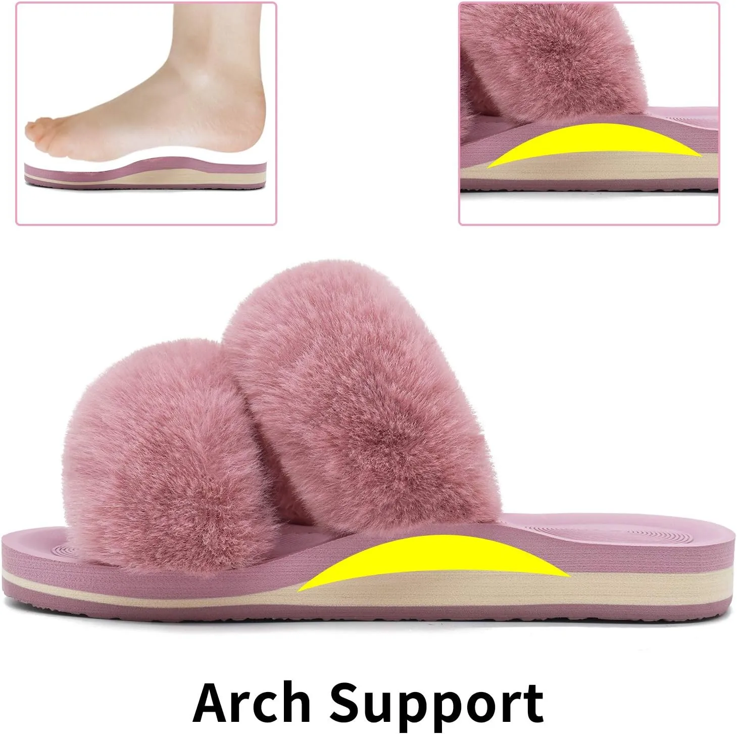 COFACE Fluff Womens Slippers Faux Fur Slip On Orthotic Slippers with Arch Support for Plantar Fasciitis Relief