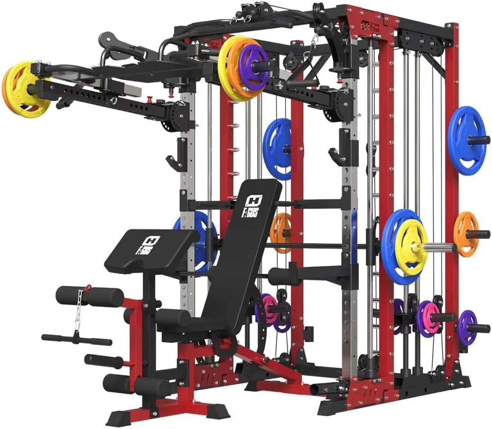 Commercial smithMachine with Smith Bar, 4000LB Power Cage Squat Rack with Lever Arm, Leg Press, LAT Pull Down System, Multi-Function Linear Bearing Cable Crossover Machine for Home Gym