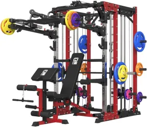 Commercial smithMachine with Smith Bar, 4000LB Power Cage Squat Rack with Lever Arm, Leg Press, LAT Pull Down System, Multi-Function Linear Bearing Cable Crossover Machine for Home Gym