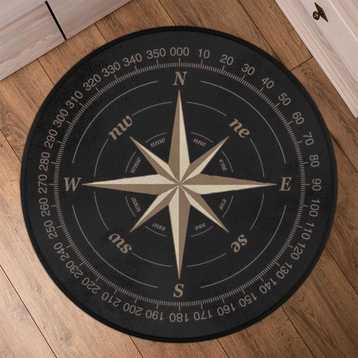Compass Rose Round Area Rug, Artwork Black Non-Slip Circle Rug for Bedroom Living Room Outdoor Study Playing Floor Mat Carpet, 3' Diameter