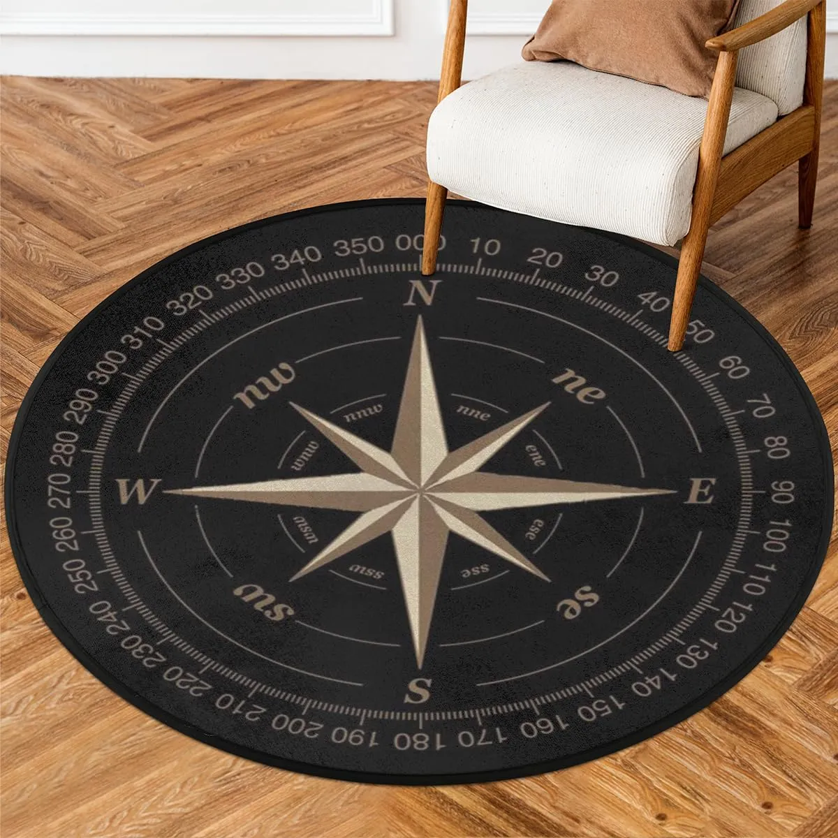 Compass Rose Round Area Rug, Artwork Black Non-Slip Circle Rug for Bedroom Living Room Outdoor Study Playing Floor Mat Carpet, 3' Diameter