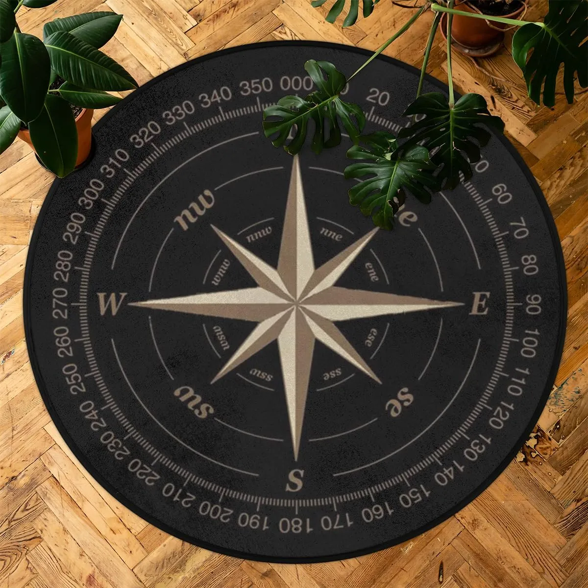 Compass Rose Round Area Rug, Artwork Black Non-Slip Circle Rug for Bedroom Living Room Outdoor Study Playing Floor Mat Carpet, 3' Diameter