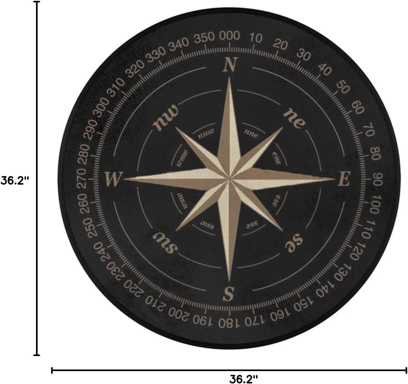 Compass Rose Round Area Rug, Artwork Black Non-Slip Circle Rug for Bedroom Living Room Outdoor Study Playing Floor Mat Carpet, 3' Diameter