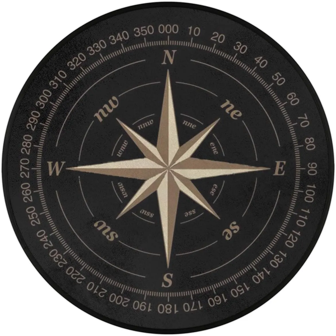 Compass Rose Round Area Rug, Artwork Black Non-Slip Circle Rug for Bedroom Living Room Outdoor Study Playing Floor Mat Carpet, 3' Diameter