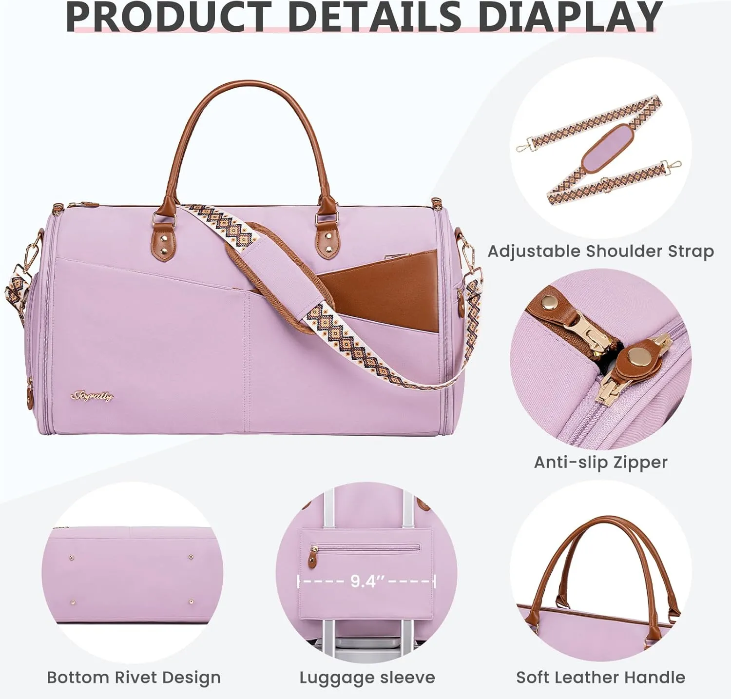 Convertible Garment Duffle Bag for Travel, Carry On Garment Bag for Women, 2 in 1 Travel Garment Bag with Shoe Compartment, Foldable Suit Travel Bag for Hanging Clothes, Purple