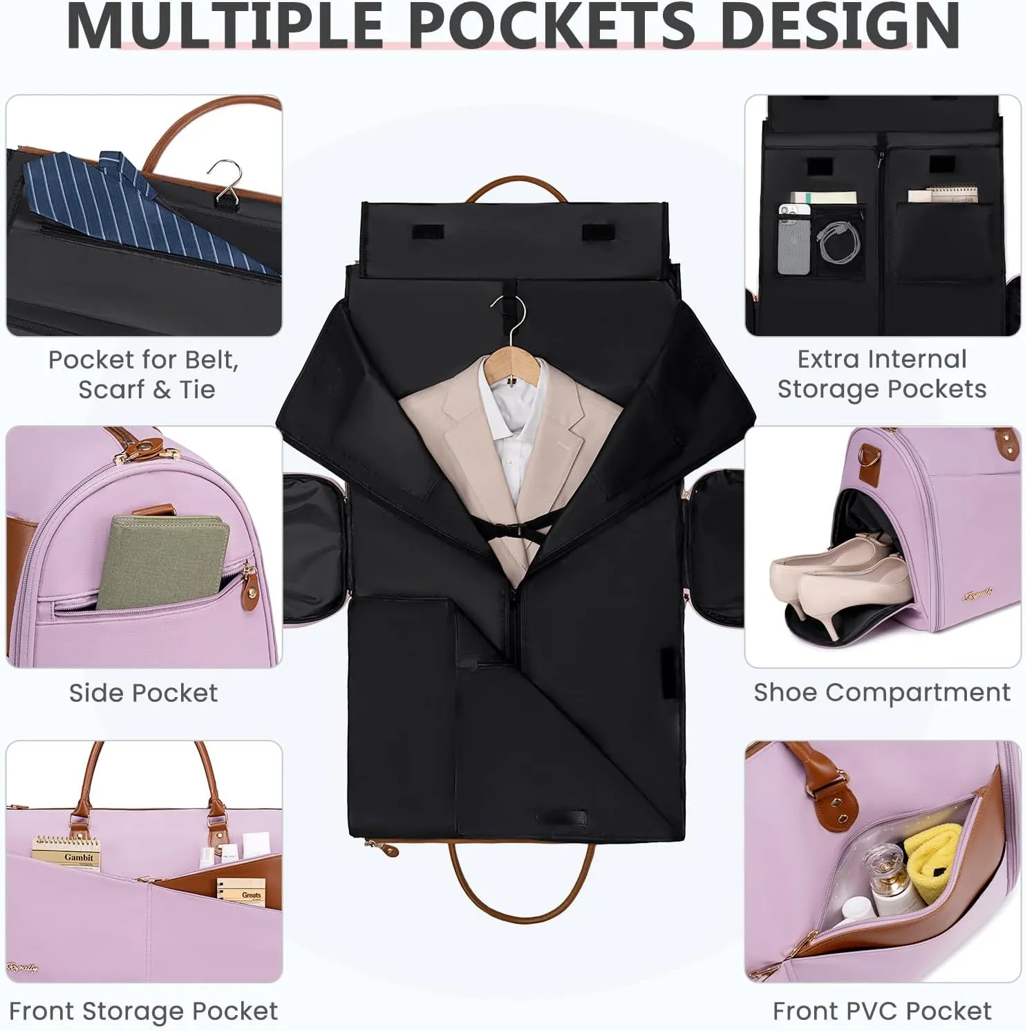 Convertible Garment Duffle Bag for Travel, Carry On Garment Bag for Women, 2 in 1 Travel Garment Bag with Shoe Compartment, Foldable Suit Travel Bag for Hanging Clothes, Purple