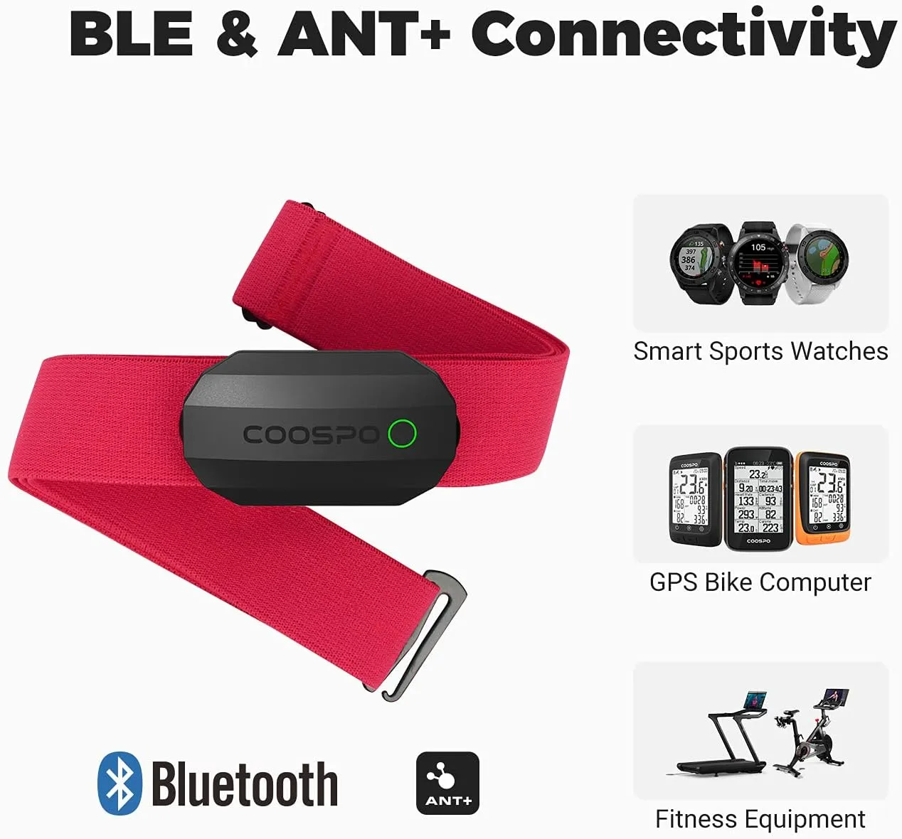 COOSPO Bluetooth Heart Rate Monitor Chest Strap H808S, ANT  BLE HR Monitor Chest, HRM IP67 Waterproof, 300H Battery Life